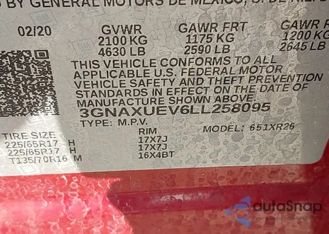 2020 Chevrolet Equinox Awd Lt 1.5L Turbo z USA, uszkodzony, nr VIN 3GNAXUEV6LL258095